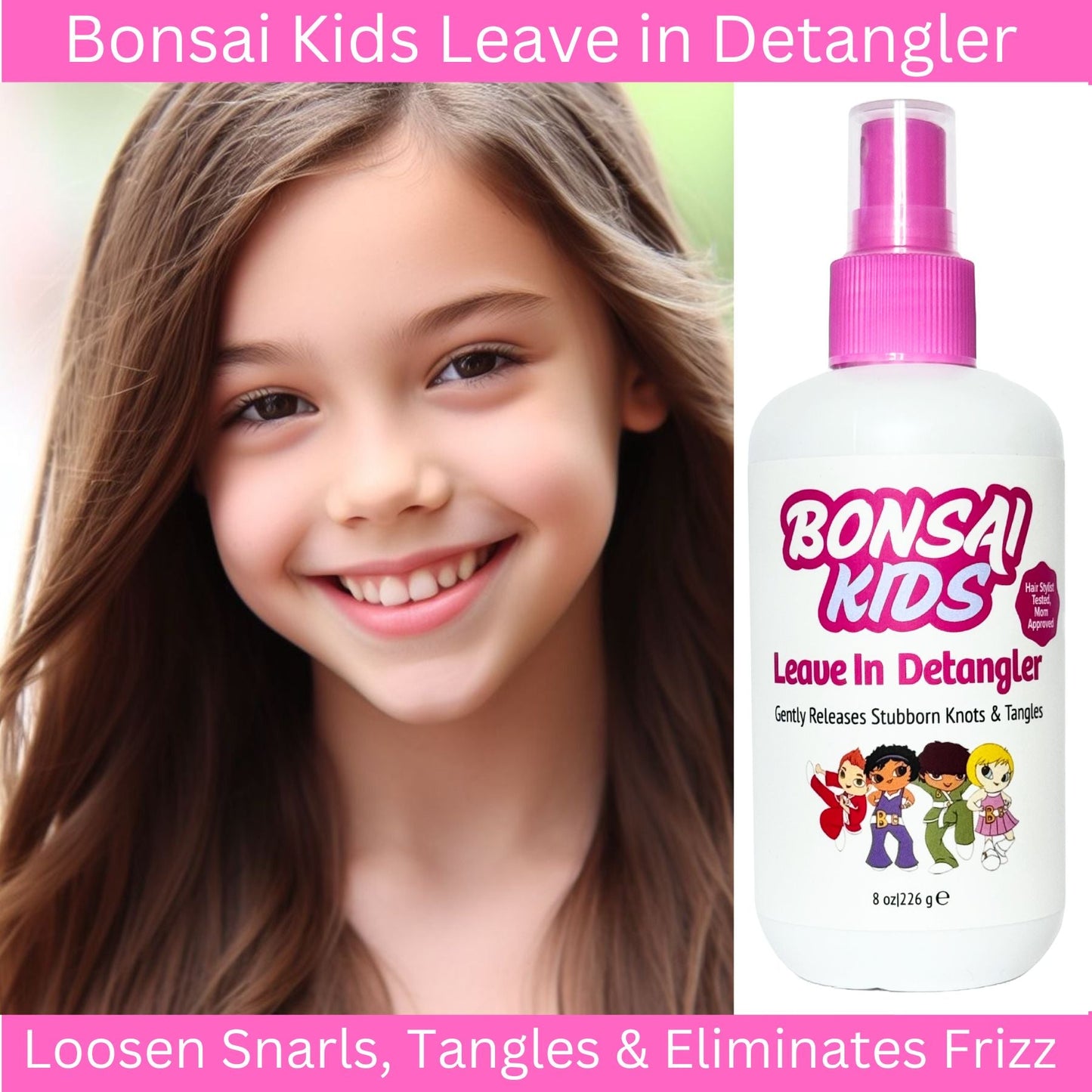 Bonsai Kids Detangler Spray effortlessly tames even the toughest kids' tangles. Lightweight, leave-in conditioner hydrates, repairs, and adds shine to all hair types. Gentle enough for daily use, it prevents knots, eliminates frizz, and removes stuck gum. The hair stylist tested, and mom approved. Paraben and sulfate-free.