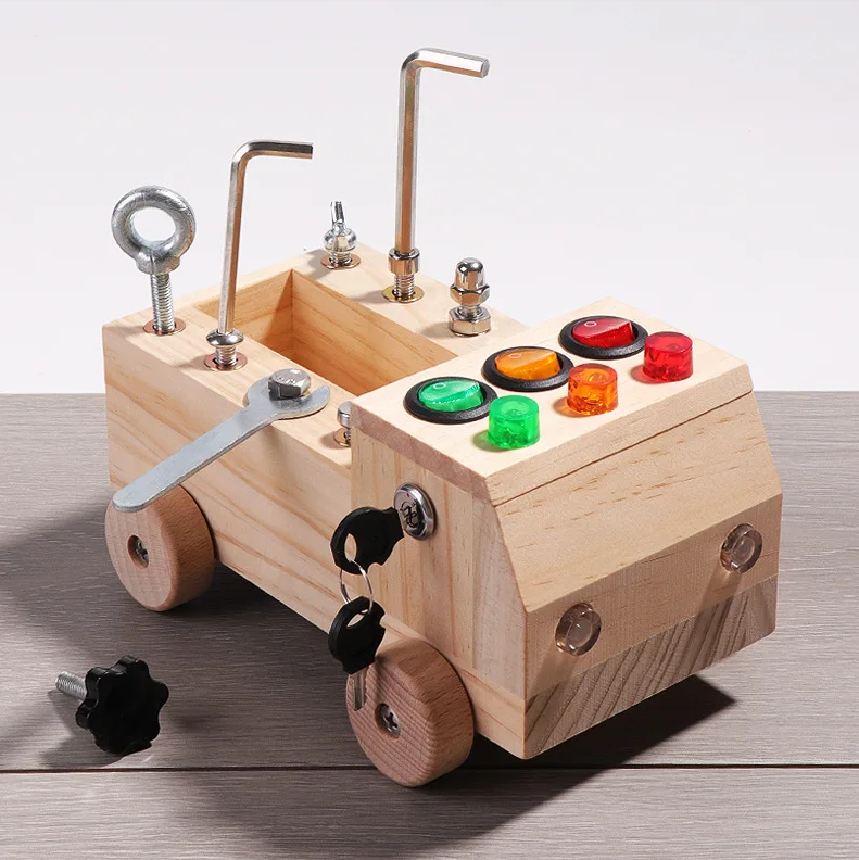 Children's Wooden LED Switch Busy Board Disassembly and Assembly Screws and Nuts Tool Car Montessori Early Education Puzzle Toy