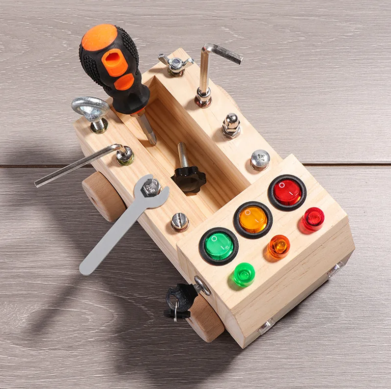 Children's Wooden LED Switch Busy Board Disassembly and Assembly Screws and Nuts Tool Car Montessori Early Education Puzzle Toy