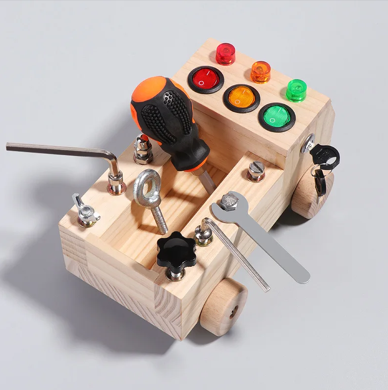 Children's Wooden LED Switch Busy Board Disassembly and Assembly Screws and Nuts Tool Car Montessori Early Education Puzzle Toy