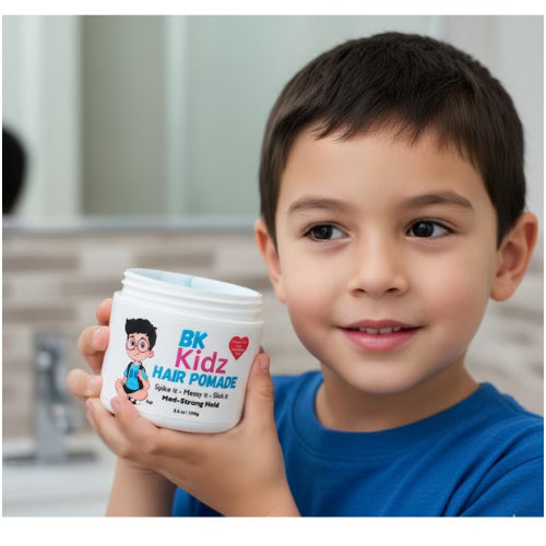 Child holding a container of BK Kidz Hair Pomade in a bathroom setting