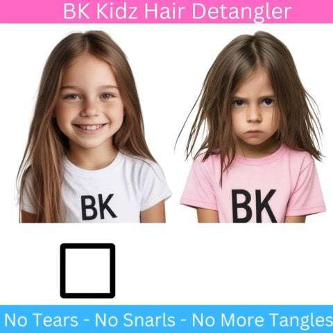 Two children wearing 'BK' shirts with a before-and-after comparison of hair using BK Kidz Hair Detangler.
