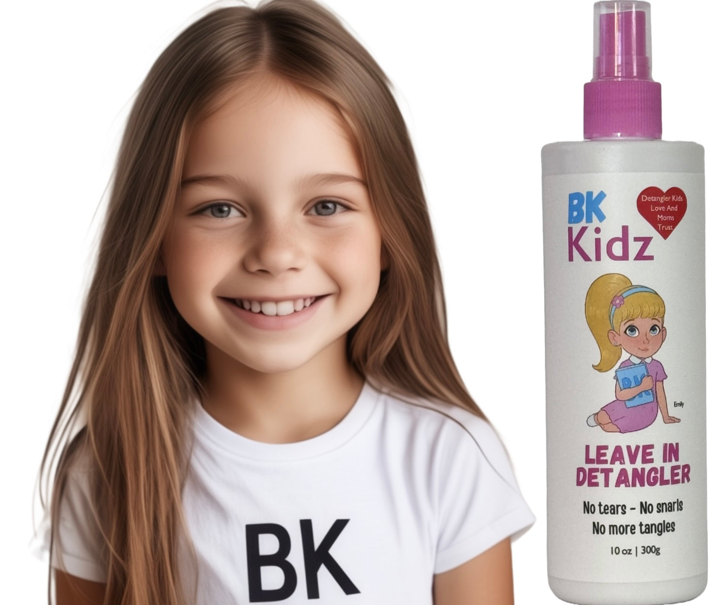 Young girl with long hair next to a bottle of BK Kidz Leave In Detangler.