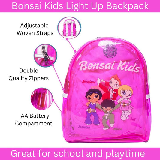 Pink backpack with cartoon characters labeled 'Bonsai Kids' on a white background