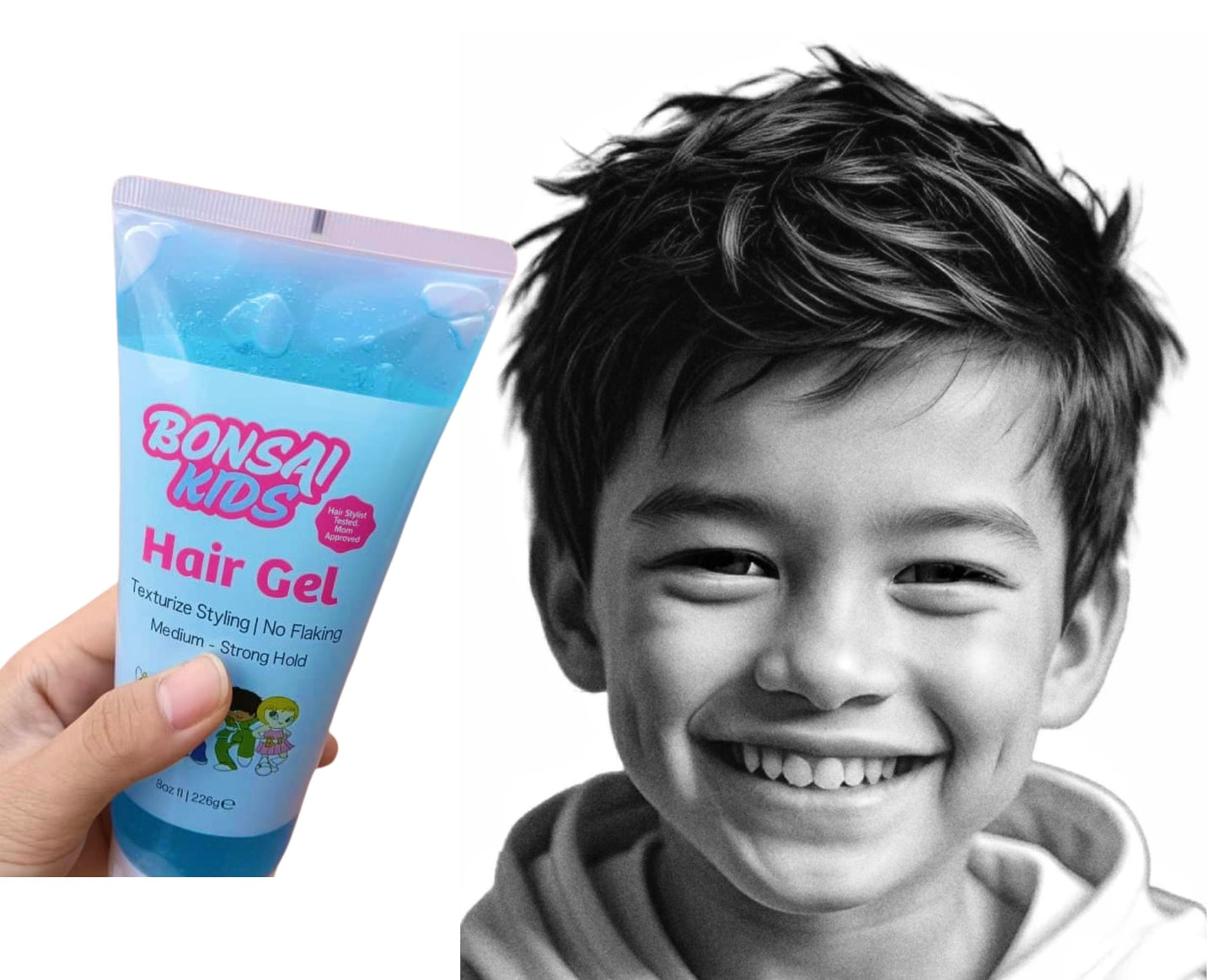 Child holding a bottle of Bona! Kids Hair Gel with a black and white photo of a smiling child.
