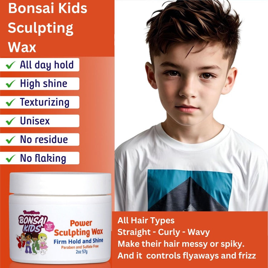 Bonsai Kids Sculpting Wax advertisement with a boy and product details on an orange background