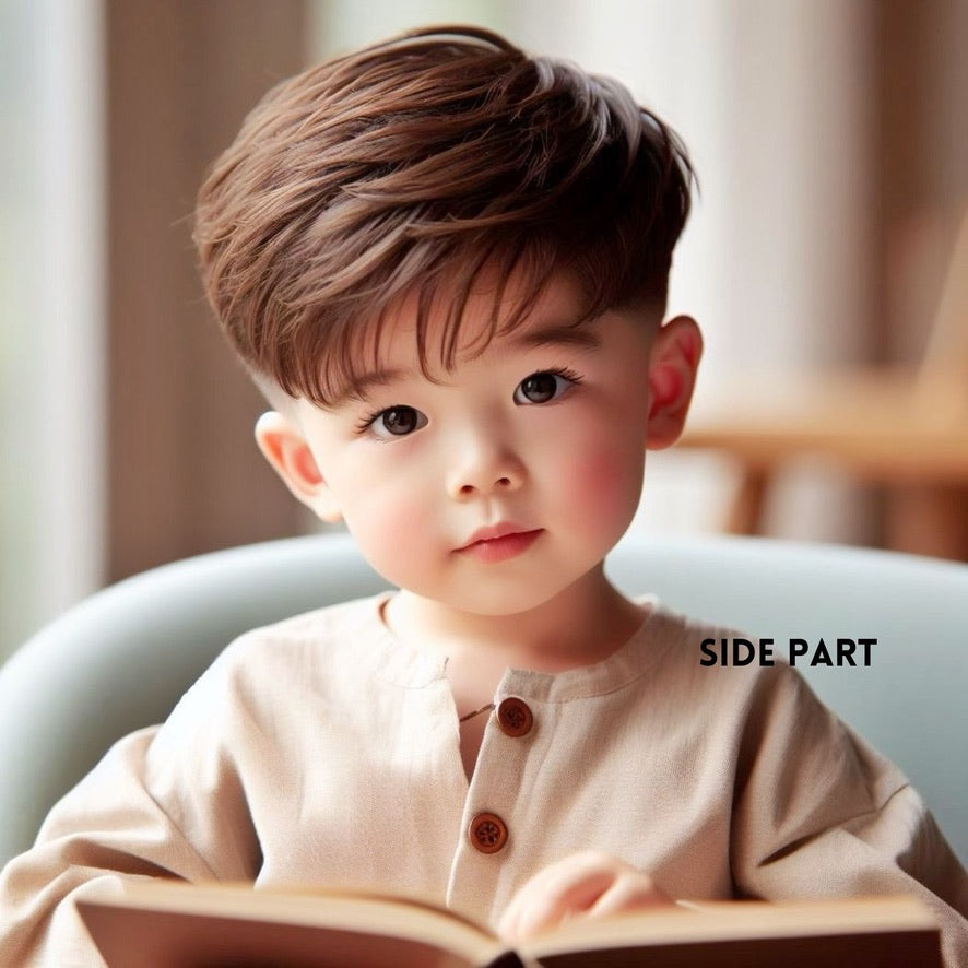 Child with a side part hairstyle reading a book