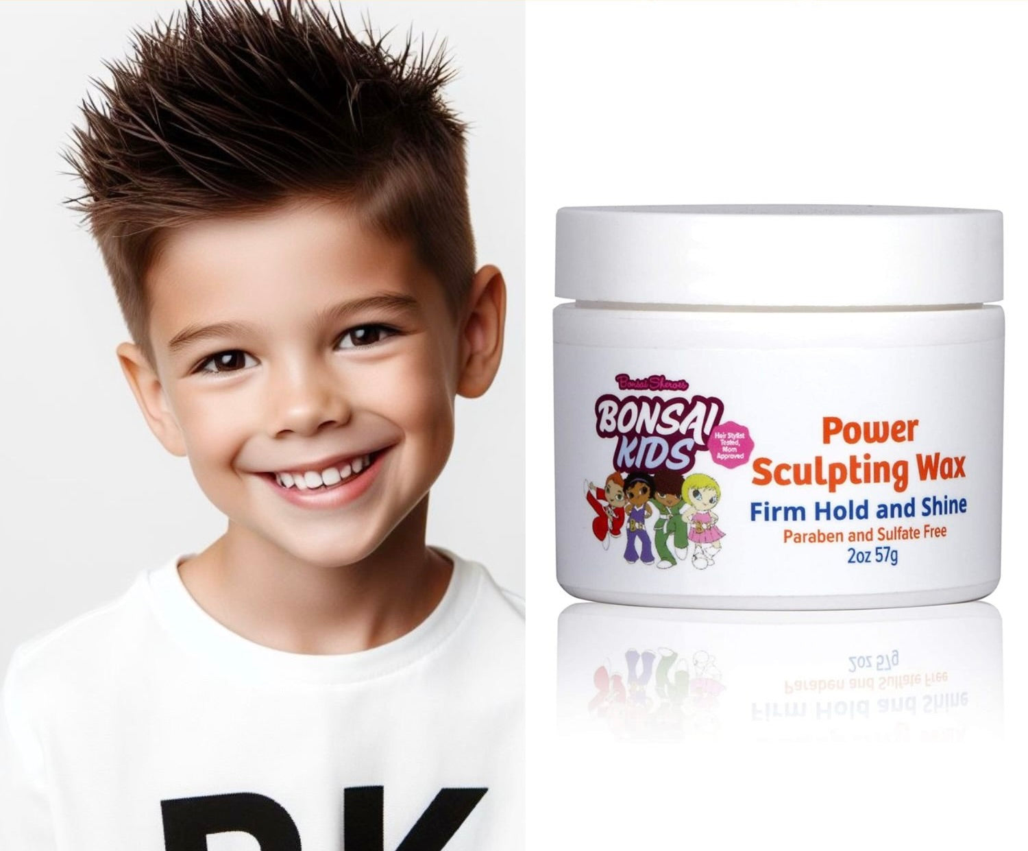 Child with styled hair next to a jar of Bonsai Kids Power Sculpting Wax.