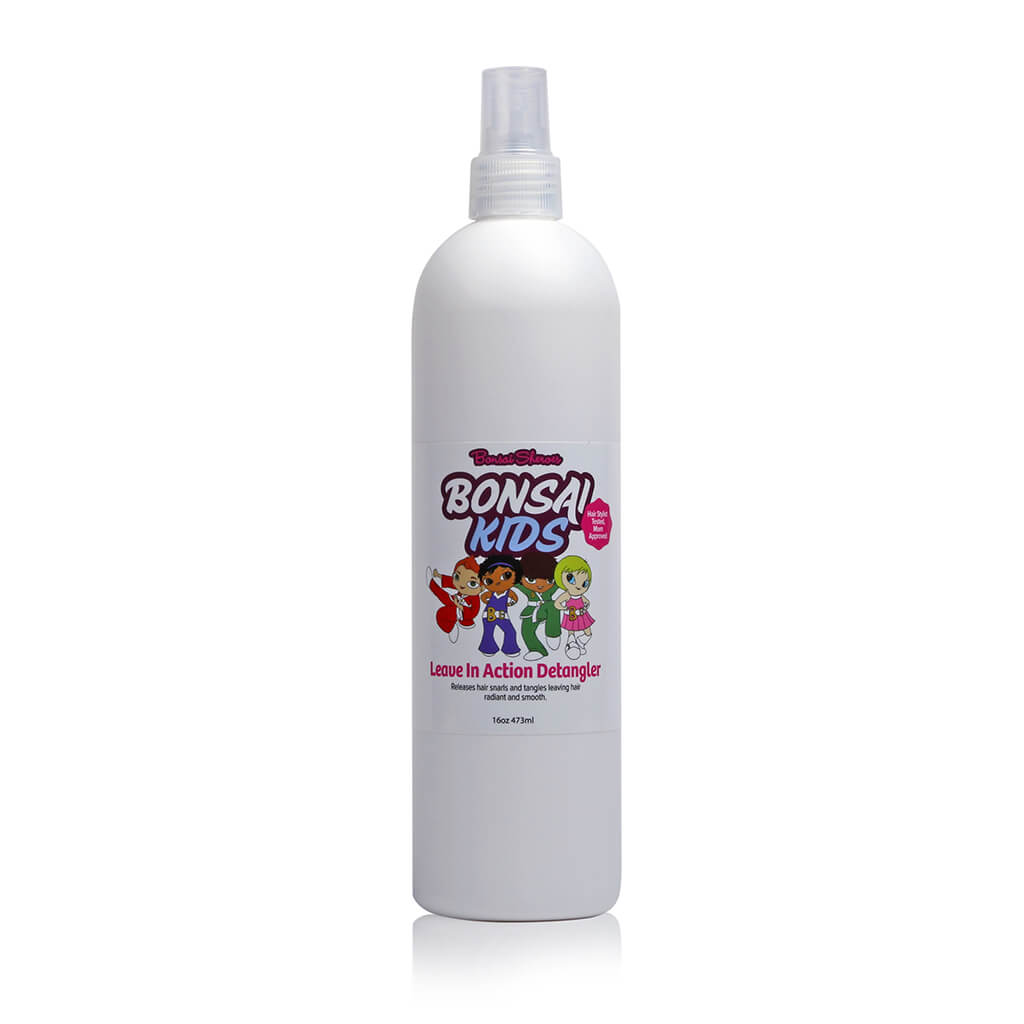 Bonsai Kids Detangler Spray effortlessly tames even the toughest kids' tangles. Lightweight, leave-in conditioner hydrates, repairs, and adds shine to all hair types. Gentle enough for daily use, it prevents knots, eliminates frizz, and removes stuck gum. The hair stylist tested, and mom approved. 