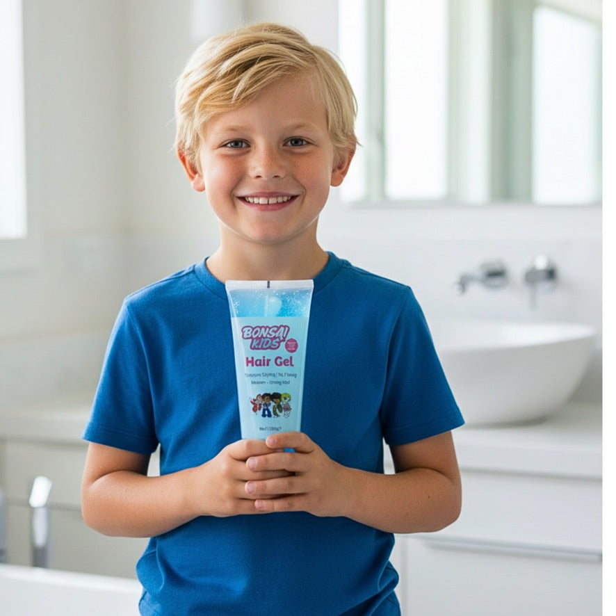 Child holding a bottle of Bonsai Kids Hair Gel in a bathroom setting