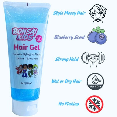 Bonsai Kids Hair Gel tube with product features on a white background