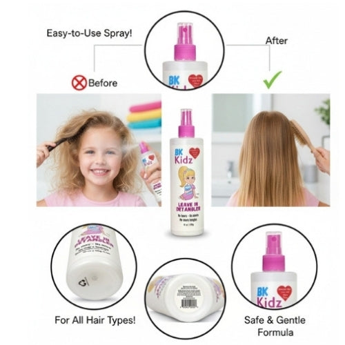 BK Kidz hair care product with before and after images of a child's hair, highlighting ease of use and safety.