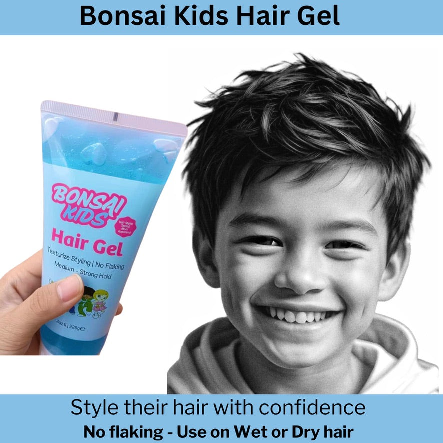 Bonsai Kids Hair Gel with a child smiling next to it on a light blue background