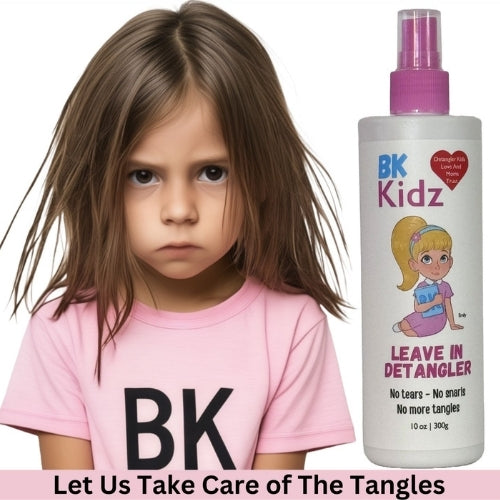 Child with messy hair next to a bottle of BK Kidz leave-in detangler on a white background