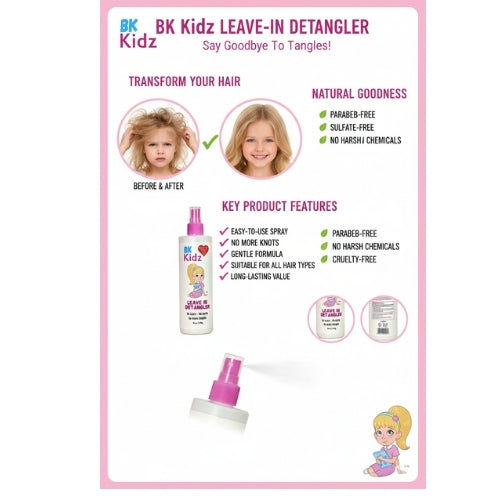 Advertisement for BK Kidz Leave-In Detangler with product and benefits listed.