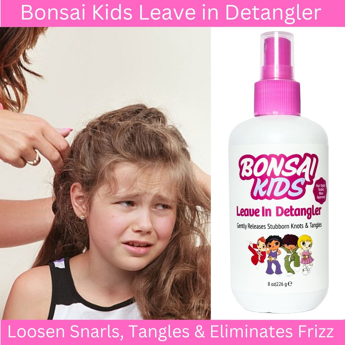 Bonsai Kids Detangler Spray effortlessly tames even the toughest kids' tangles. Lightweight, leave-in conditioner hydrates, repairs, and adds shine to all hair types. Gentle enough for daily use, it prevents knots, eliminates frizz, and removes stuck gum. The hair stylist tested, and mom approved.